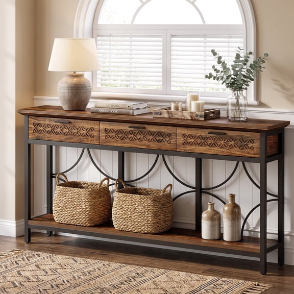 Fnova 70.9" Industrial Console Table with 3 Drawers, Extra Long Entryway Table with Storage, Narrow Sofa Table for Living Room, Foyer