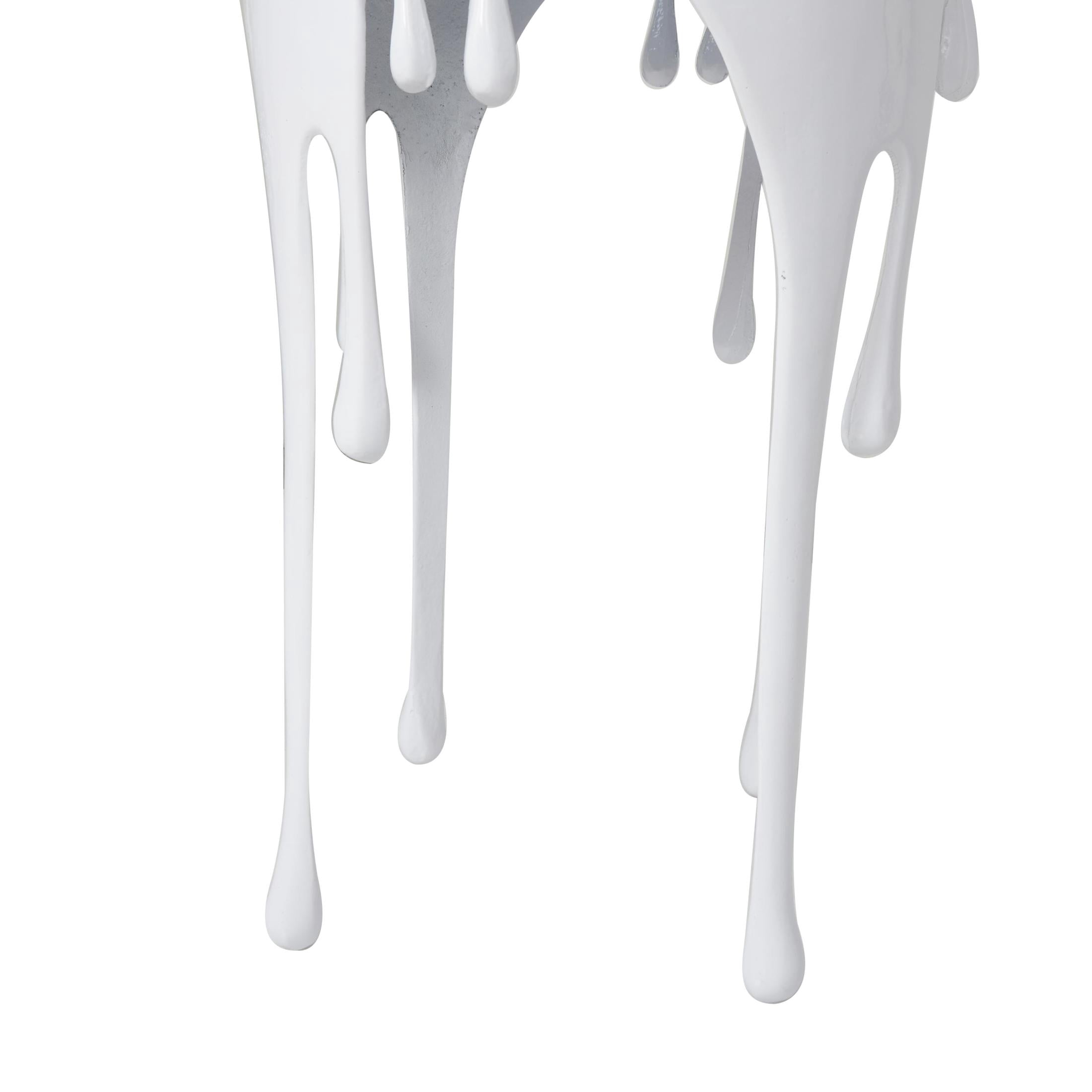 DecMode 16" x 25" White Aluminum Metal Drip Abstract Accent Table with Melting Designed Legs and Black Glass Top, 1-Piece