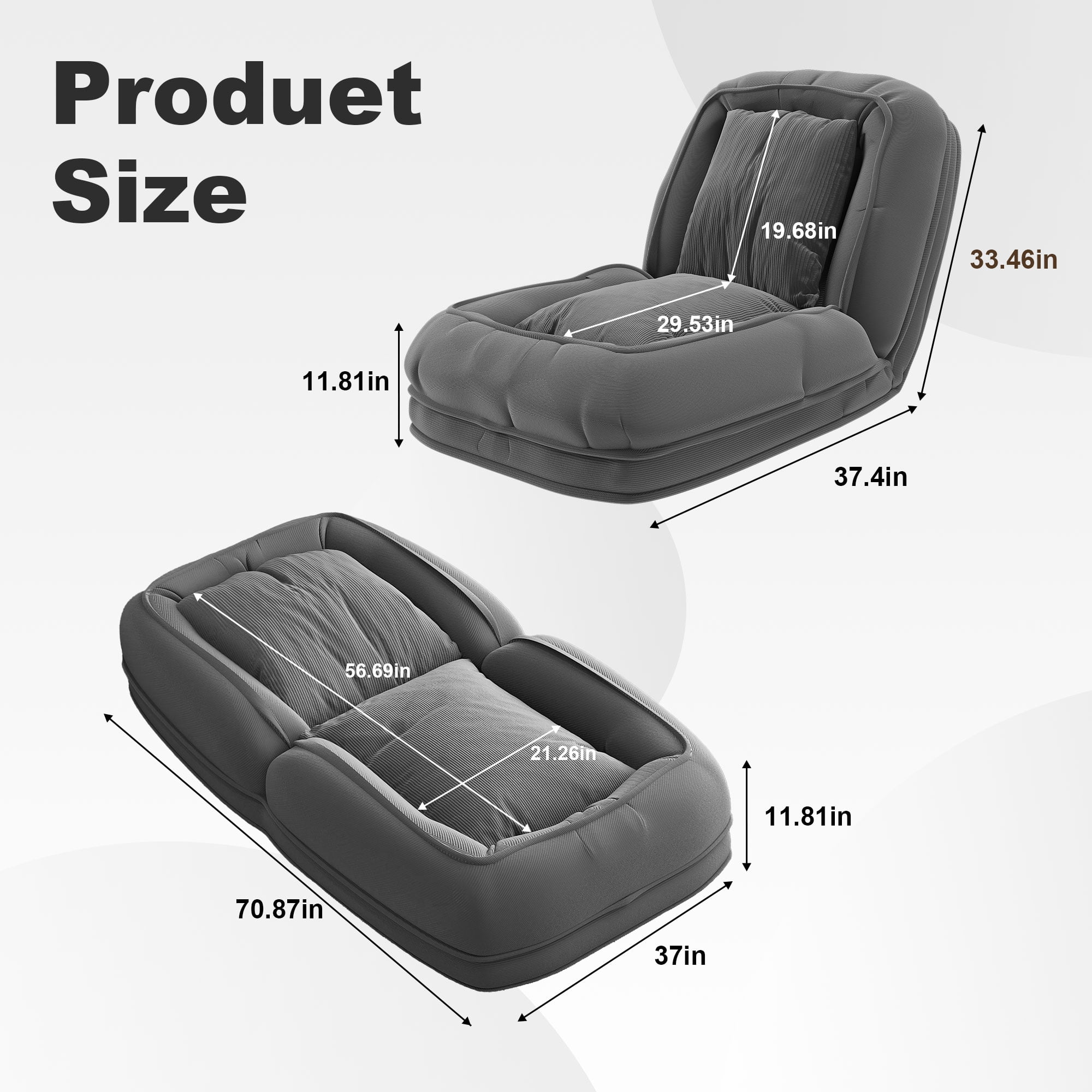 Miniyam Adjustable Folding Floor Chair Convertible Sofa Bed in Corduroy for Living Room Bedroom, Gray