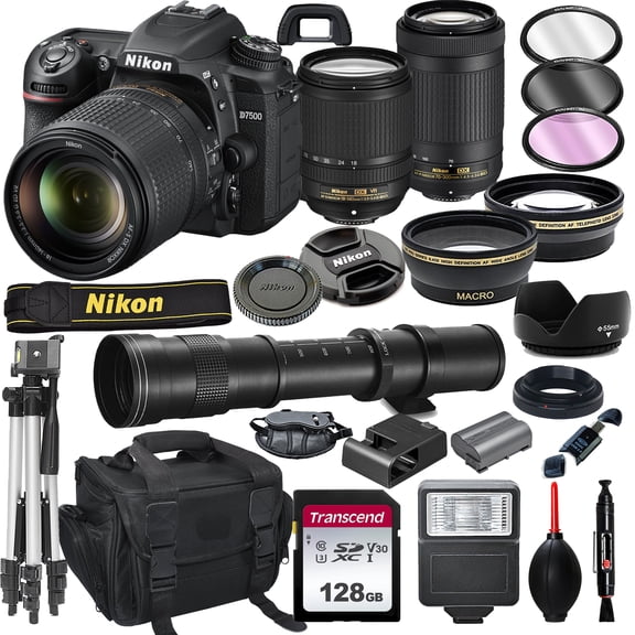 Nikon D7500 DSLR Camera with 18-140mm VR and 70-300mm Lens Bundle with 420-800mm Preset f/8 Telephoto Lens   128GB Card, Tripod, Flash, and More 23pc Bundle