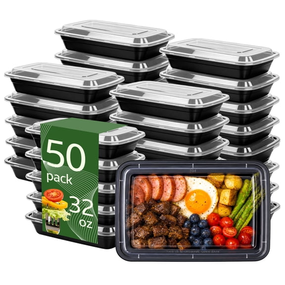 Vaparinckl 50 Pack (100-Piece) Meal Prep Containers, Reusable Food Storage Containers with Lids, To Go Take Out Plastic Food Storage, Microwave Freezer Dishwasher Safe