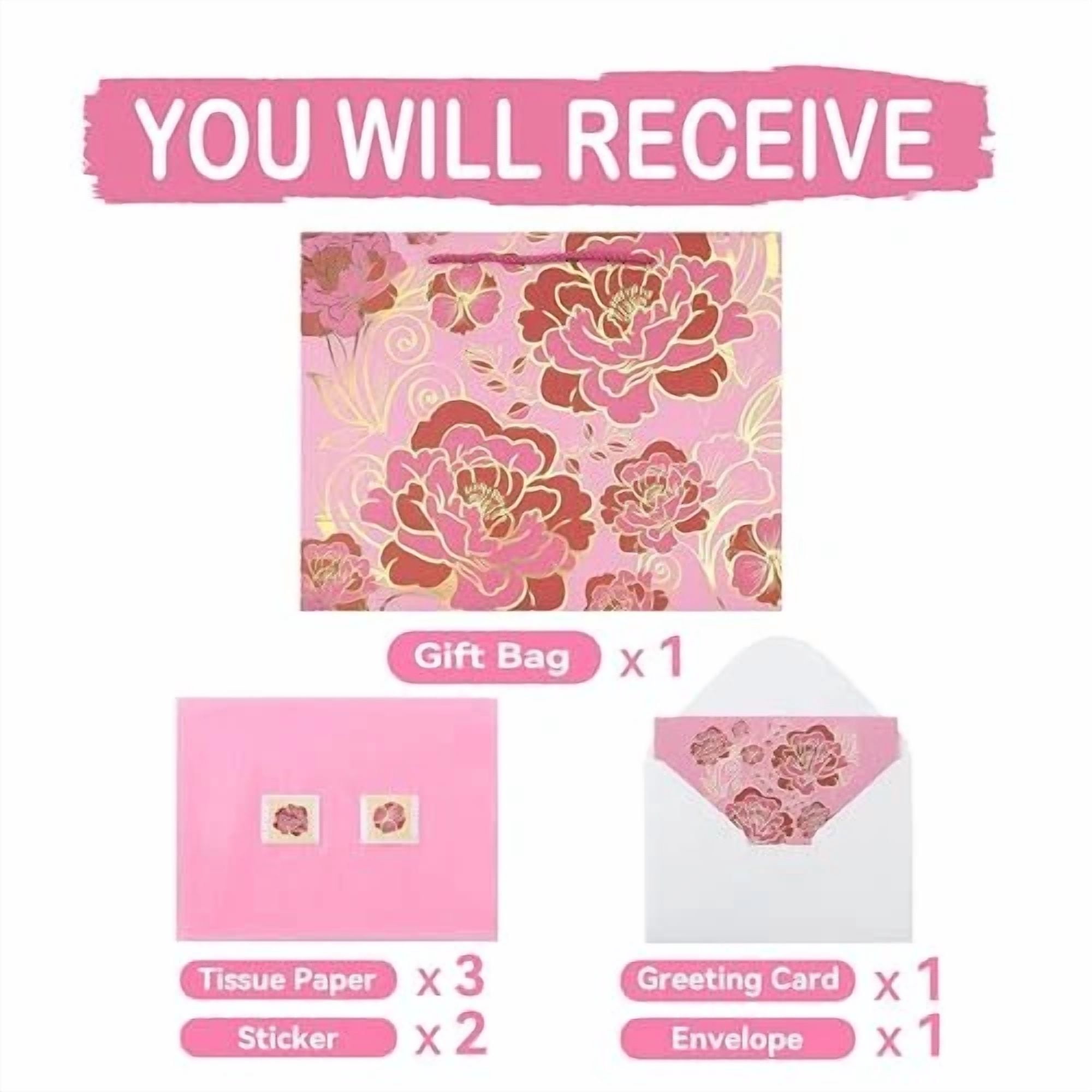 BUTTERFLY- 13" Large Gift Bag Set With Greeting Card And Tissue Paper(Foil Rose Pink