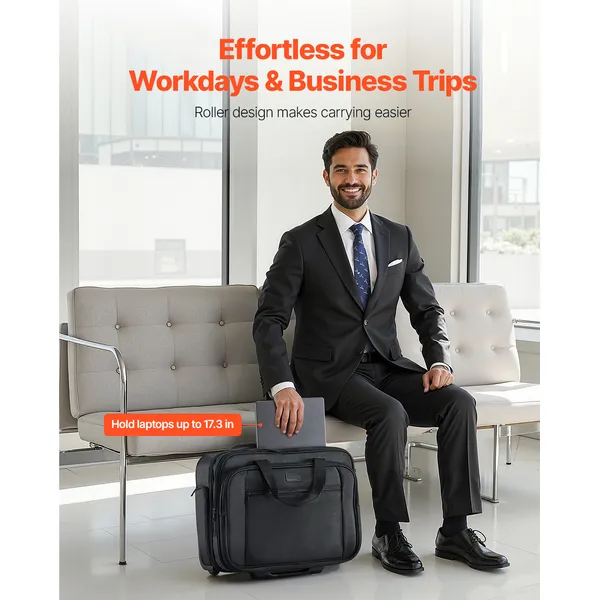 17.3 Inch Wheeled Laptop Carrying Bag, Unisex Rolling Briefcase with Retractable Handle, Business Travel Computer Suitcase for Work and Office, (Black)