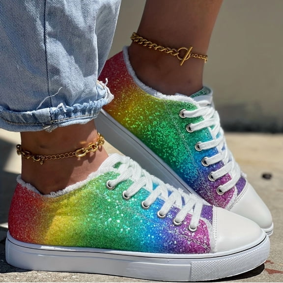 Low - Top Canvas Sneakers with Rainbow Glitter Design. Stylish Casual Shoes featuring White Laces