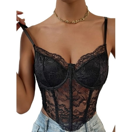 

EYIIYE Women s Summer Lace Camisole Solid Color Sleeveless Low Cut V-Neck Spaghetti Strap Corset Crop Cami Tops