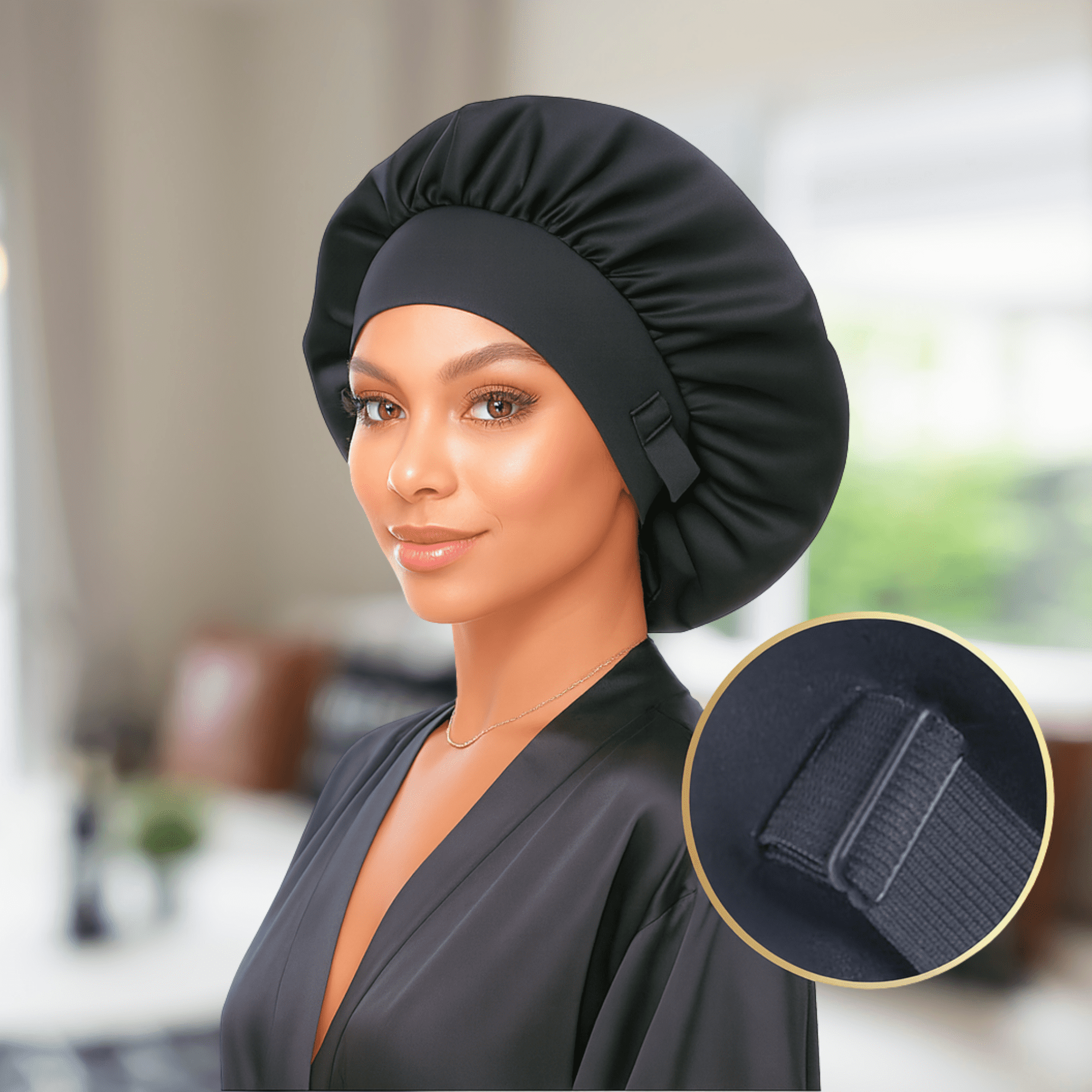 Unisex Frizz-Free Moisture Retention Charmeuse Silk Satin Sleep Hair Bonnet, Black