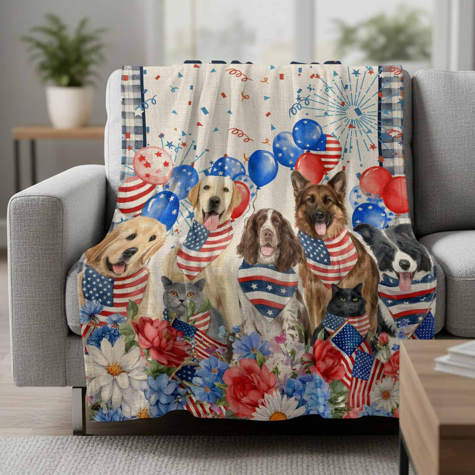 4th of July Dogs Blanket Soft Cozy Warm Throw Blanket for Couch, Plush Fuzzy Flannel Fleece Blankets for Sofa, Independence Day Floral Red Stars Beige Bed Blankets Lightweight Gifts for Men, 30"x40"