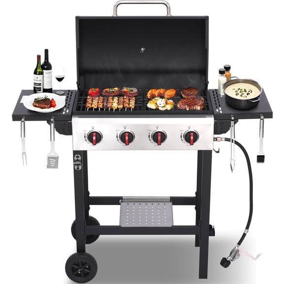 4-Burner Propane Gas Grill with Cast Iron Grates, 302 Sq. In. BBQ Grilling Space, Foldable Side Shelves for Portable Outdoor Patio Camping, Black