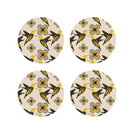 

Junzan Yellow Flowers Hummingbird Print Coasters for Drinks - Leather Coasters Set of 4 for Coffee Table for Housewarming/Kitchen/Bar/Decor-Round Shape