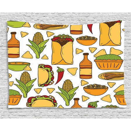 Mexican Tapestry, Latin Food Chili Taco Nachos Burrito Tequila Rice Corns Best Supper, Wall Hanging for Bedroom Living Room Dorm Decor, 60W X 40L Inches, Ginger Apricot Lime Green, by (The Best Tequila In Mexico)