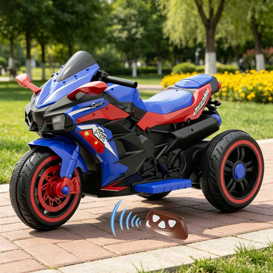 HNH Kids Motorcycle for Kids 3-6, 12V Battery Powered Bike Electric Motorbike with Remote Control, LED Lights, Bluetooth Music, Ride on Toys