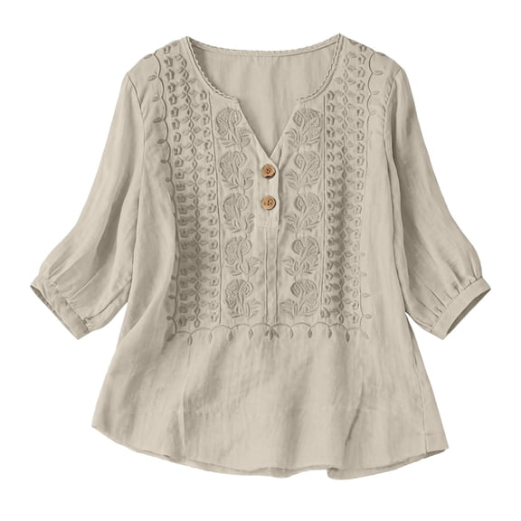 TRUBKH Embroidered Tops for Women Peasant Blouses for Women Floral Embroidered Short Sleeve V Ncek Boho Tops for Women Gauze Blouse Flowy Tunics Blouses V Neck Shirts Tunic Boho Tops Beige L