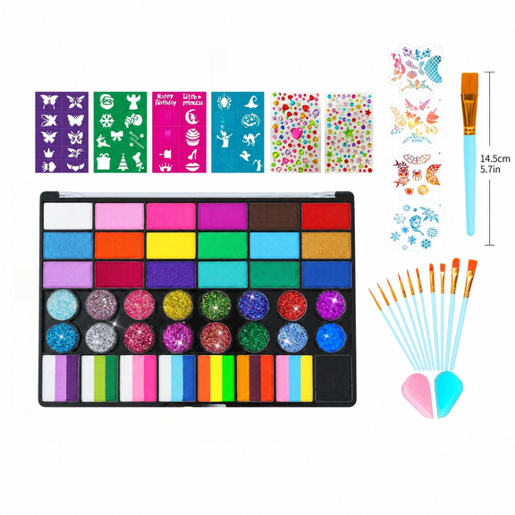 Face Painting Kit with Brush Template Sponge Gem Sticker, Non Toxic Water Activated Palette Multi Color Paint Tools for Party Dress Up Festival Activity