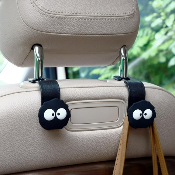 Car Seat Headrest Hook Soot Sprite Plush Auto Hooks for Purses and Bags, Cute Car Accessories Universal Vehicle Storage Organizer, 2pcs (Sprite-Eyes)