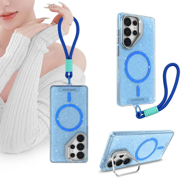 Designed for Samsung Galaxy S24 Ultra Phone Case,Compatible with Mag-safe,With Contractile Lens Ring Kickstand,Wrist Strap,Bling Glitter Transparent Back Shockproof Ultra Slim Phone Case,Blue
