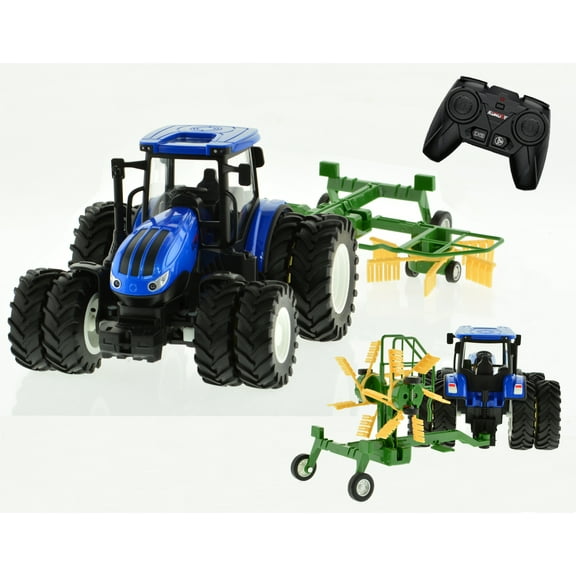 1:24 Korody RC Farm Tractor Toy 8 Wheel DieCast Metal w/ Working Rake Attachment & Lights