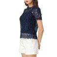 thumbnail image 5 of MODA NOVA Junior's Scalloped Trim Short Shirred Sleeves Sheer Floral Lace Blouse Navy Blue L, 5 of 6