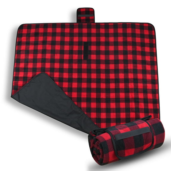 Tirrinia Waterproof Fleece Blanket with Sherpa Lining, Windproof Triple Layers, Warm, Comfy Foldable Camping, Stadium, Sports, Picnic Blanket, Machine Washable Plush Blanket, Red/Black, 51" x 59"