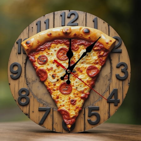 Wall Clock Decorative - Retro Cheese Pizza Print 2D Vintage Wall Clocks Battery Operated Silent Non-Ticking for Bedroom, Living Room, Kitchen, Office, Classroom, 10 Inch