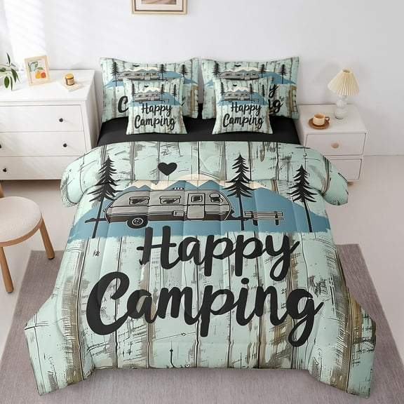 Erosebridal Happy Camping Bedding Sets Twin Size, Rustic Adventure Comforter Sets with Sheets, RV Car Decor, Reversible 7-Piece