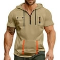 thumbnail image 3 of Men's Summer Short Sleeve Hooded Sweatshirt with Zipper Pocket, Oversized Casual Pullover for Sports, Warm Weather,Khaki,2XL, 3 of 6