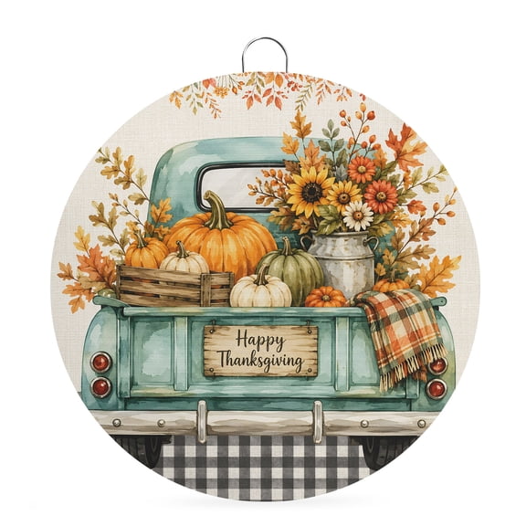 Welcome Sign Front Door Decorations, Orange Pumpkins Round Wall Art Outdoor Metal Wreaths, Fall Thanksgiving Botanical Truck Plaid Black Seasonal Hanging Sign for Home Porch Decor Warming Gift 6 In