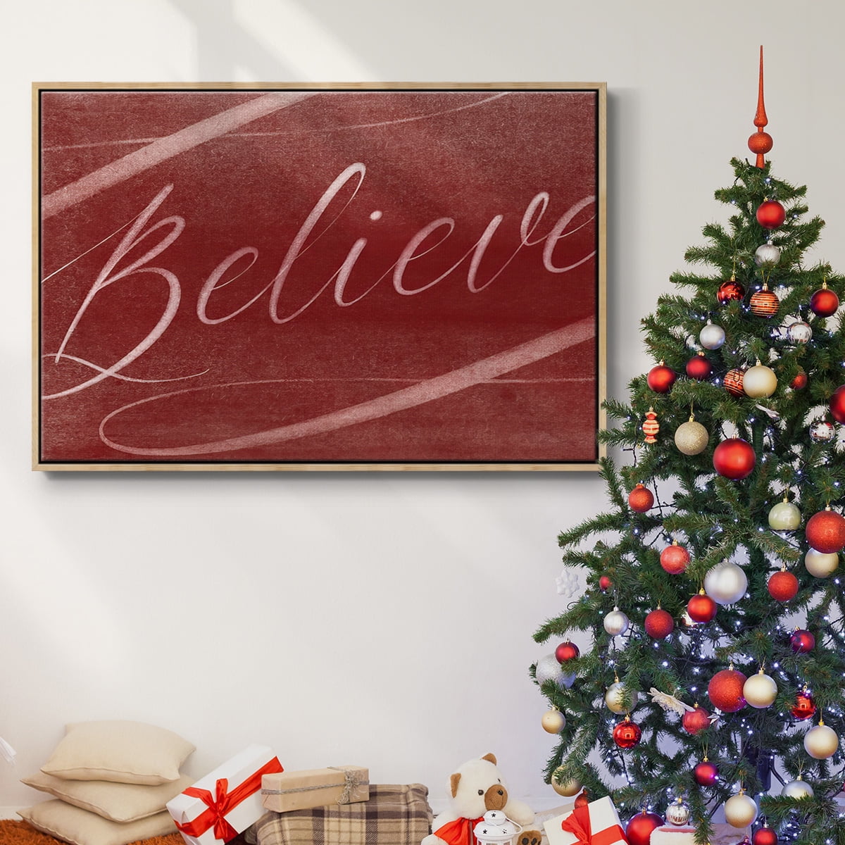 Believe - Framed Gallery Wrapped Holiday Canvas - 25 x 37 - Natural Wood Frame