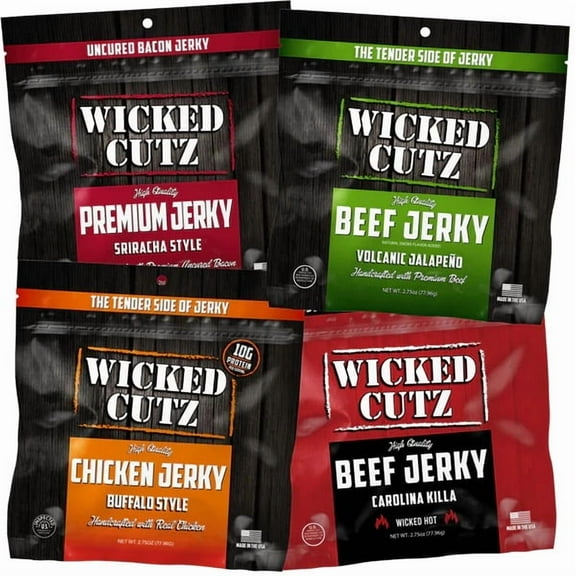 Wicked Cutz Premium Tender Spicy Jerky, Quality Natural Smoked Variety, Beef, Chicken, Bacon, 4-Pack