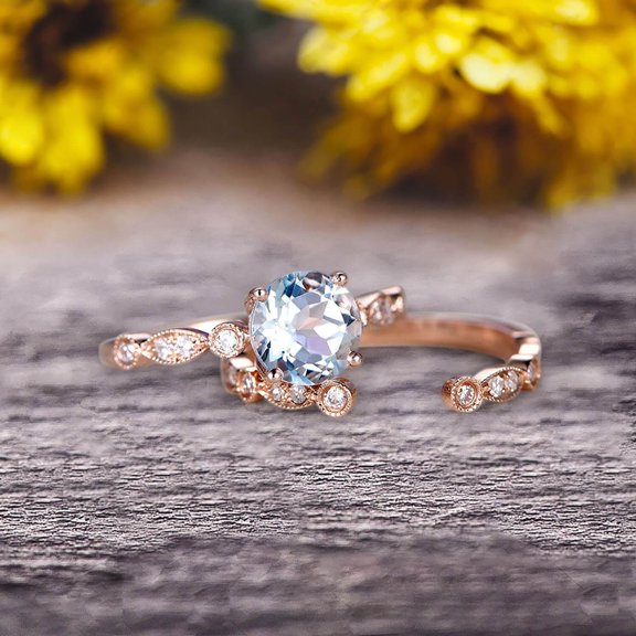 Vintage Looking 10k Rose Gold 2 Carat 6mm Round Cut Aquamarine Engagement Rings With Unique Matching Wedding Band Art Deco
