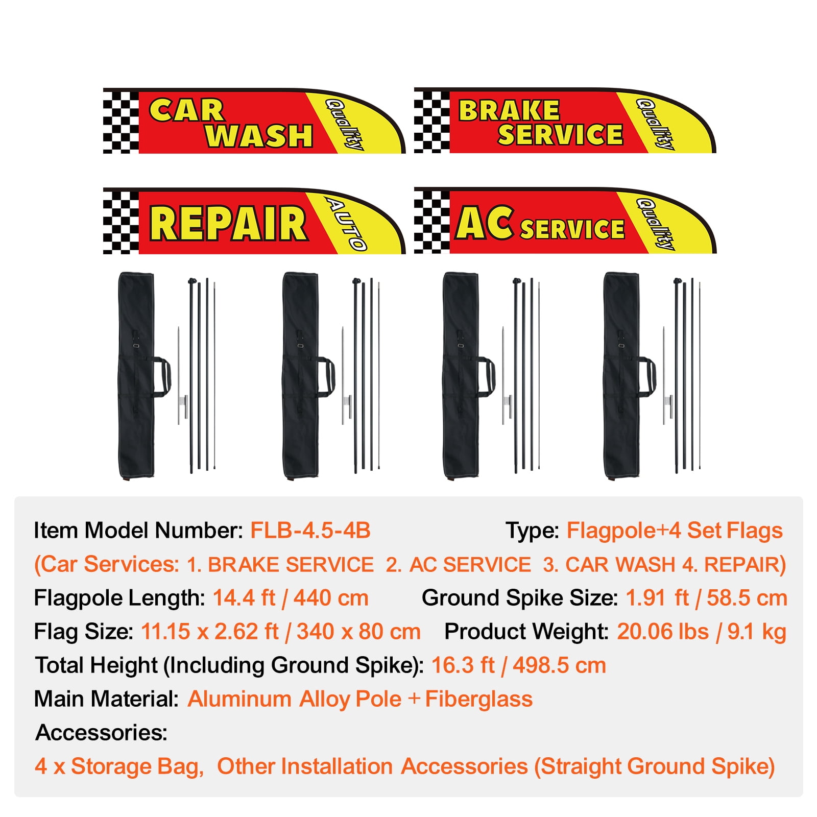 KFFKFF Automotive Service Promotional Feather Banner, Outdoor Business Advertising Flag Set, Comes with 4 Flags, 4 Poles, 4 Ground Spikes, Flutter Flags for Commercial Use 16.3 FT