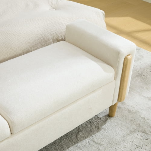 65.67" Wide Modern Upholstered Storage Bench with Double Lids and Armrest, Chenille Fabric, Rubberwood Legs, for Living Room, Entryway, Bedroom, Dormitory, Beige