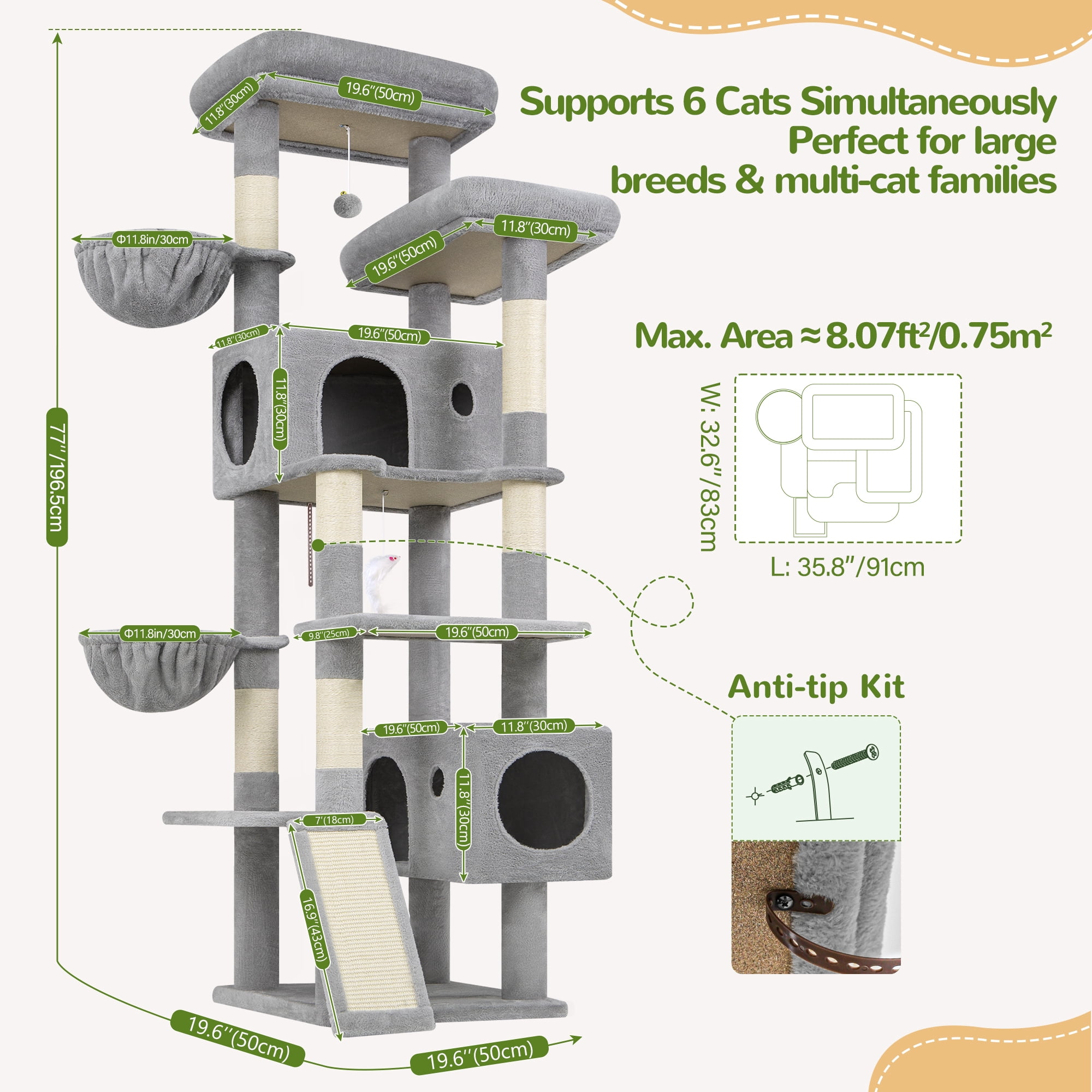 Globlazer 77" Large Cat Tree and Tower Condo for Indoor Cats with Sisal Scratching Posts, Condos, Hammock & Hammock, Light Gray