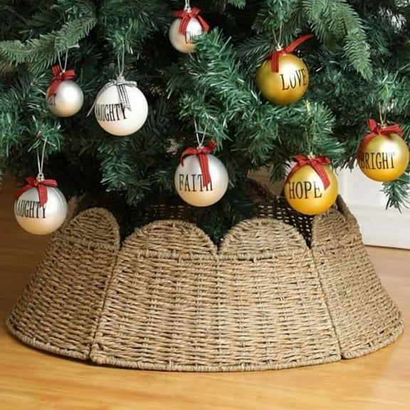 Woven Scallop Christmas Tree Collar Rattan Christmas Tree Ring Farmhouse Natural Woven Rustic Base Cover Skirt for Xmas Decoration