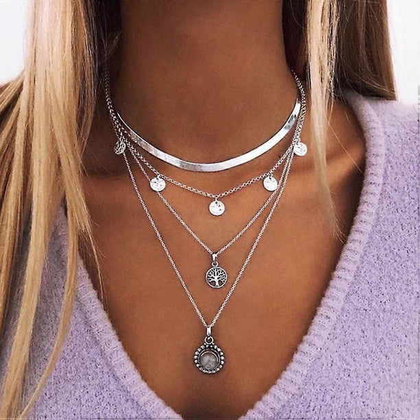 Boho Layered Necklace Tree of Life Crystal Pendant Necklace Silver Vintage Necklace Jewelry for Women and Girls