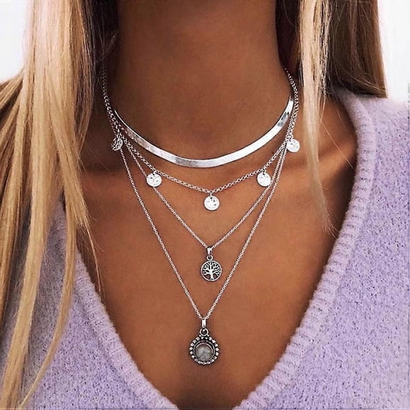 Boho Layered Necklace Tree of Life Crystal Pendant Necklace Silver Vintage Necklace Jewelry for Women and Girls