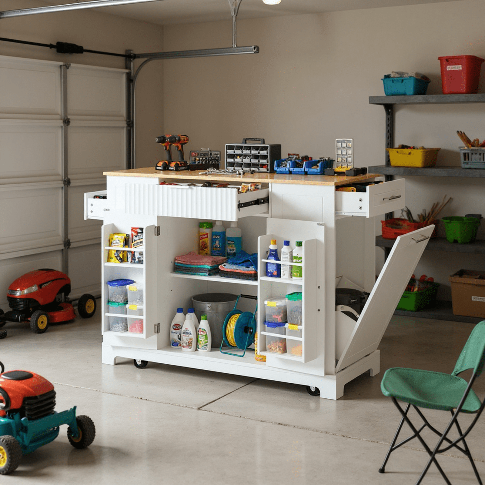 Homy Casa 48" Garage Storage Cabinet with Power Outlet, Shelves, Side Storage, for Workshop, White