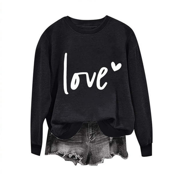 Penkiiy Día de San Valentín Sudadera para Mujer Lindo Amor Camisetas Corazón Casual Camiseta de San Valentín de manga larga Ropa Tops XS Negro