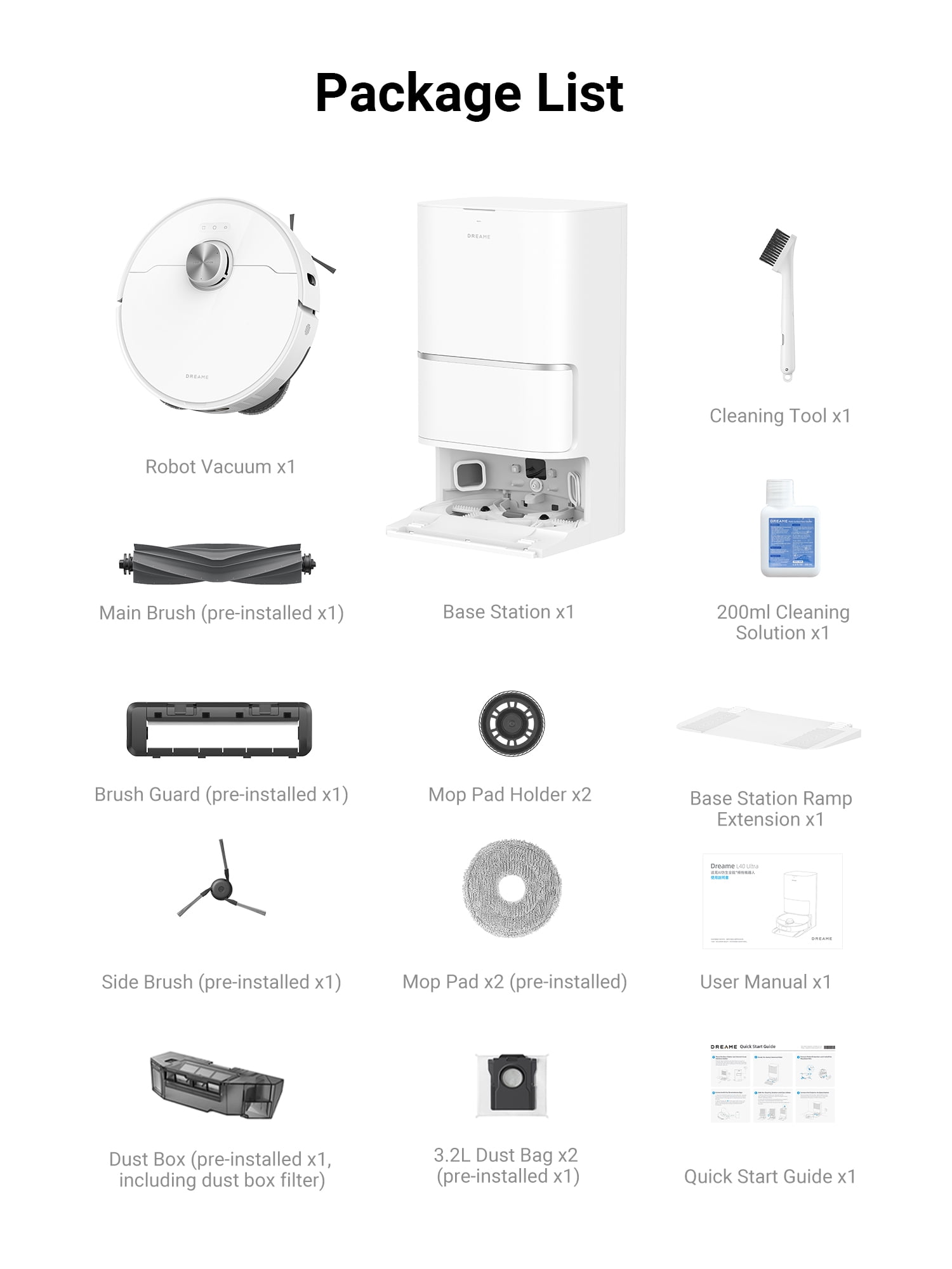 Dreame L40 Ultra Robot Vacuum Cleaning Bundle, 3 Extra Dust Bags, Removable & Liftable Mop, Extendable & Liftable SideBrush, 11K Pa Suction, 149℉Hot Water Mop Cleaning, Auto Emptying and Refilling