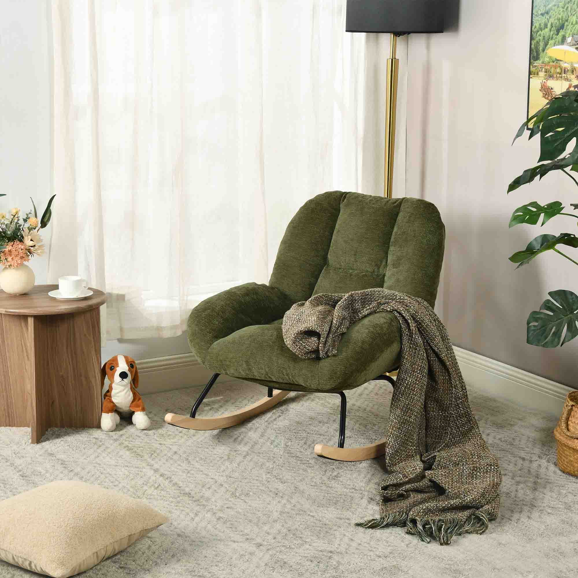 Homy Casa Green Upholstered Rocking Accent Chair, Oversized Lounge Chair with Wood Base