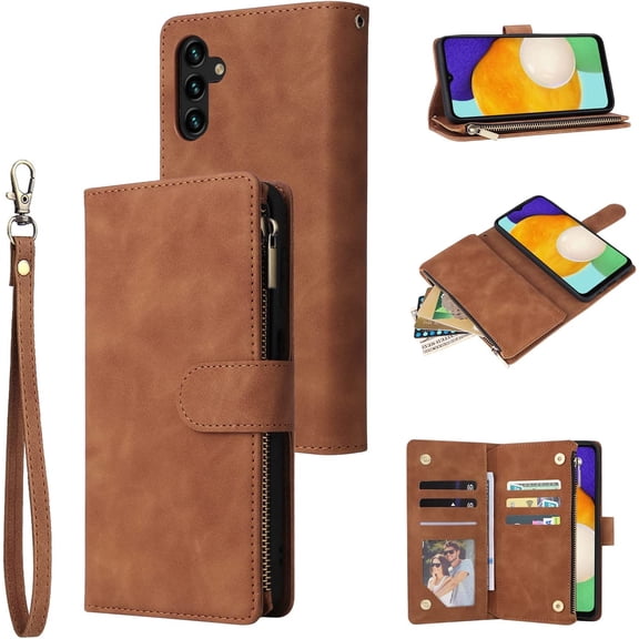 Wallet Case for Samsung Galaxy A14 5G, Premium PU Leather Magnetic Closure Handbag Zipper Pocket Case Kickstand Card Slots with Hand Strap Shockproof Flip Case - Brown