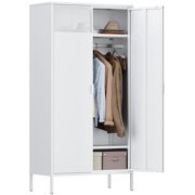 Angle View: White Metal Wardrobe Cabinet with Hanging Rod,Tall Bedroom Armoire Wardrobe Closet for Home,Office, Garage,Laundry Room