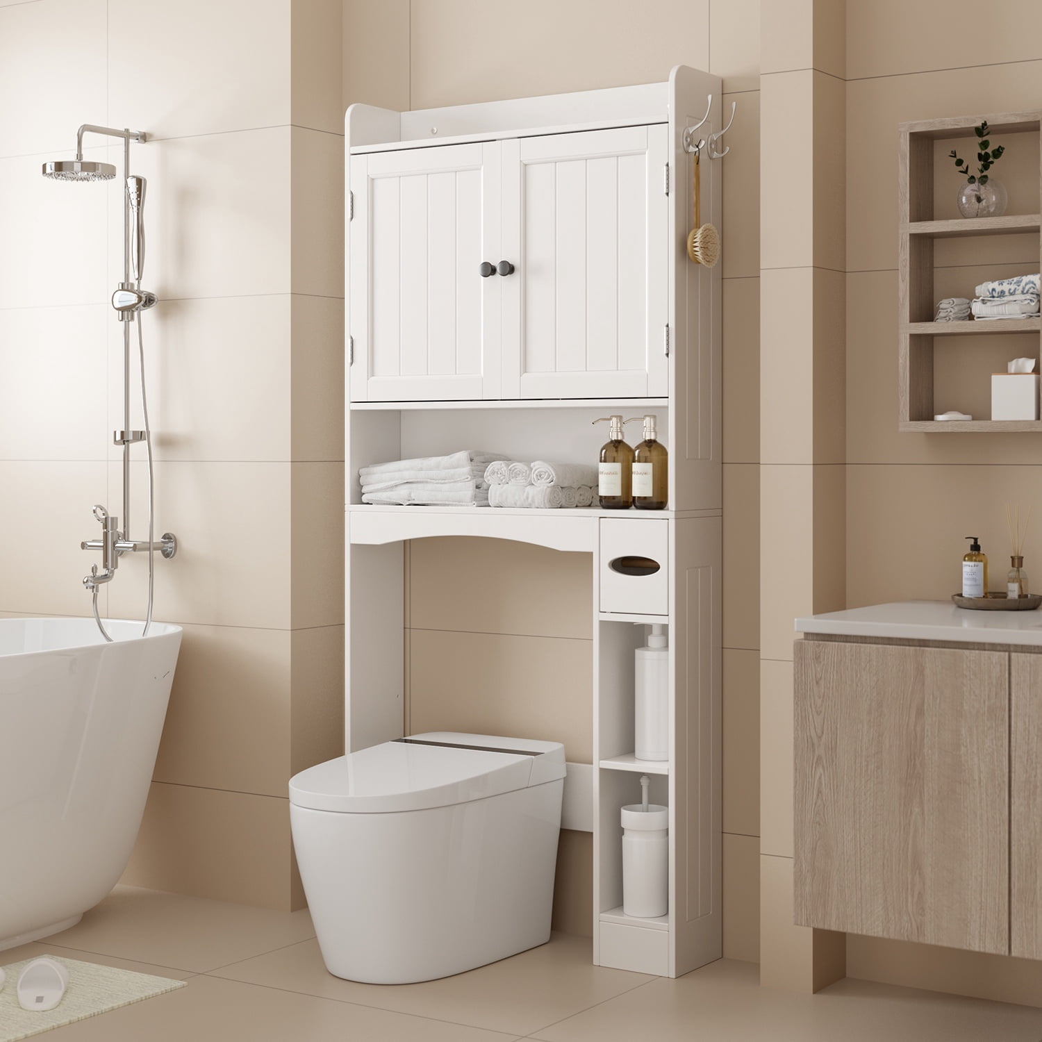 Over The Toilet Storage Cabinet, Asofer 70.3" Bathroom Storage with Adjustable Shelf, White