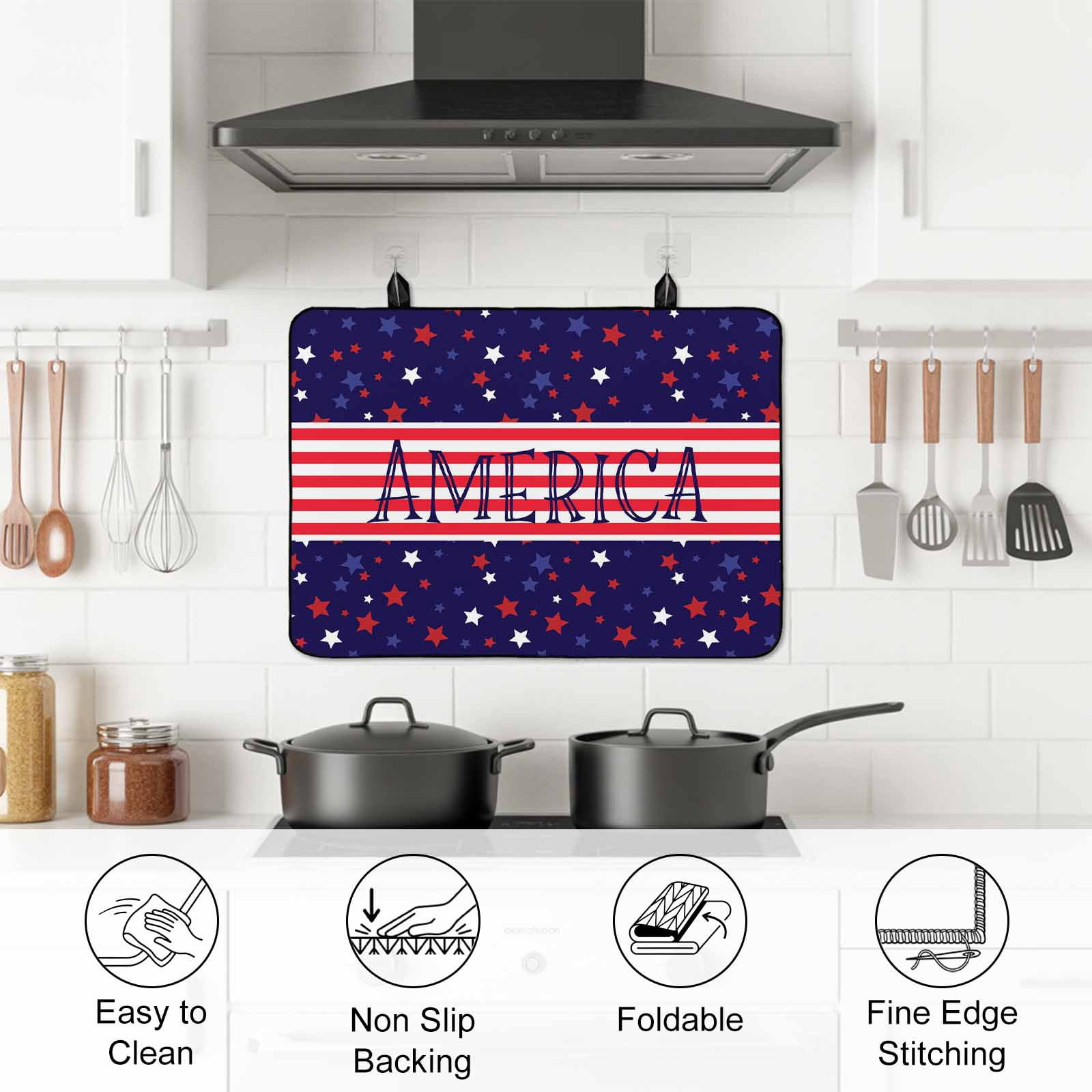 Independence Day Stove Top Cover for Electric Stove, Heat-proof & Non Slip Glass Top Stove Cover Protector, American Flag Red Blue Star Striped Kitchen Flat Cooktop Rubber Mat 24x21 Inches