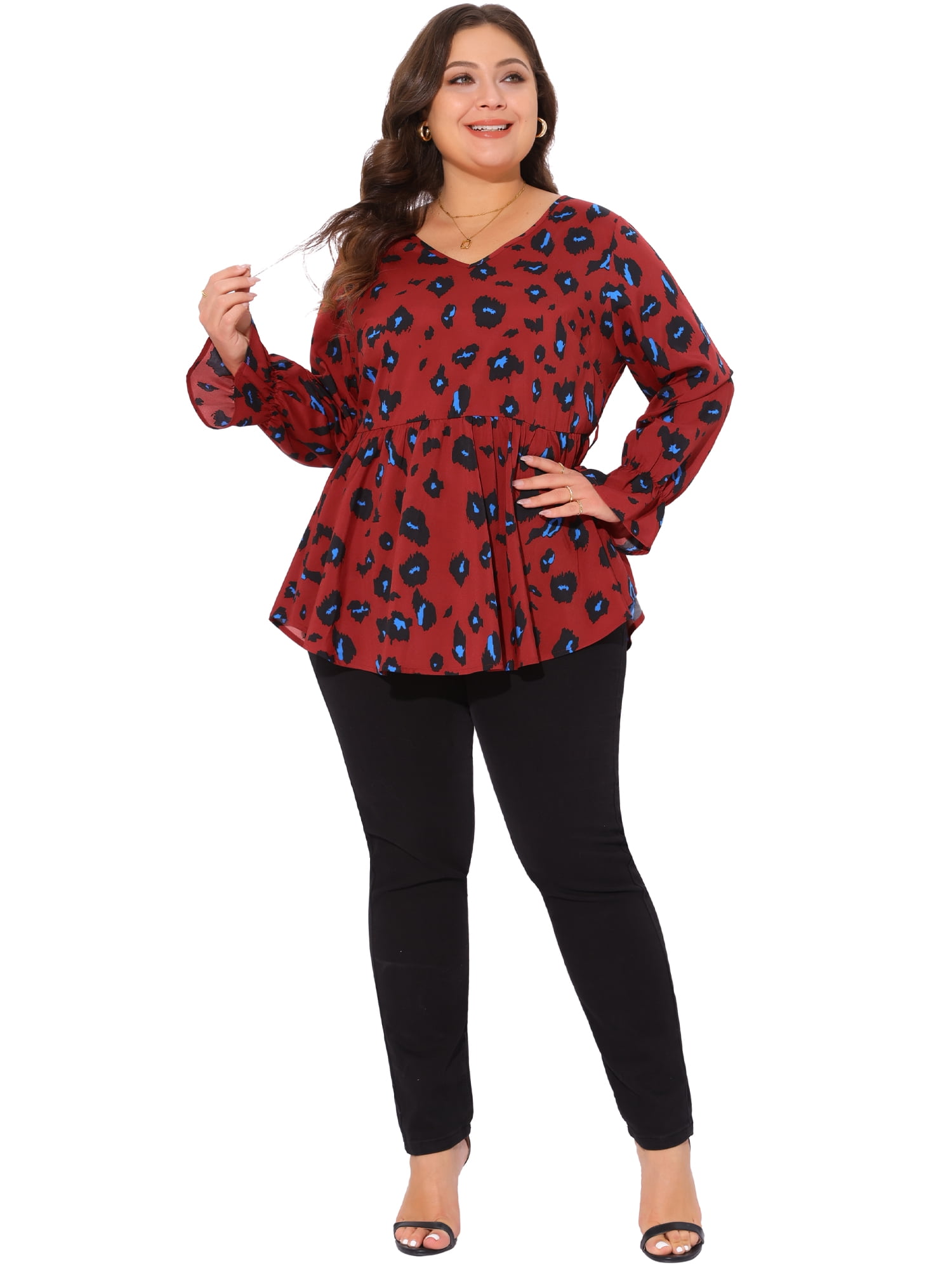 DARING DIVA Women's Plus Graphic Print Belted Long Sleeve V Neck Top 2X Red