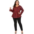 thumbnail image 3 of DARING DIVA Women's Plus Graphic Print Belted Long Sleeve V Neck Top 2X Red, 3 of 6