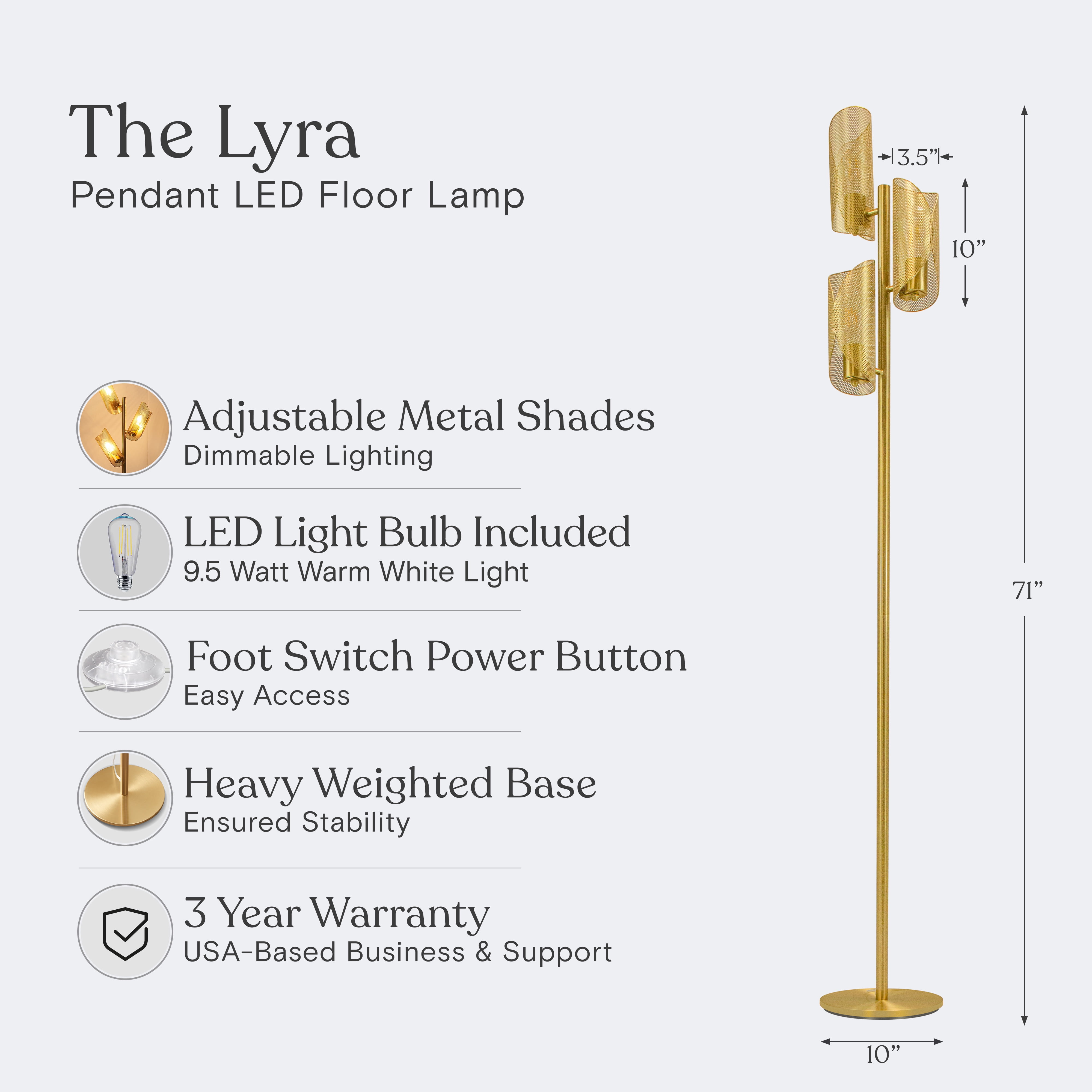 Brightech Lyra 71" LED Tree Floor Lamp for Mid-Century Modern, Contemporary, 3 Light Head Standing Lamp with Metal Cage Shade, Standing Pole Tall Lamp for Living Room, Bedroom - Brass