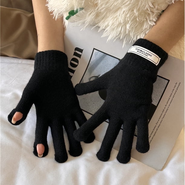 Guantes de lana con etiquetado de color sólido para mujer, guantes de cinco dedos con pantalla táctil tejidos para mujer, otoño e invierno