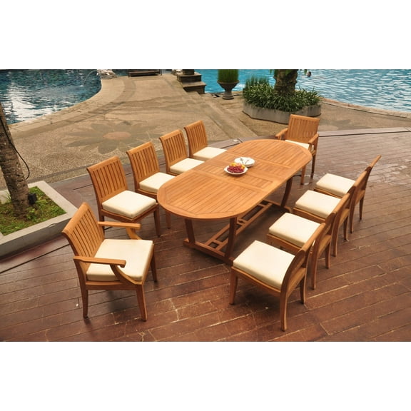 Grade-A Teak Dining Set: 10 Seater 11 Pc: 94" Mas Oval Trestle Leg Table And 10 Lagos Chairs (2 Arm & 8 Armless Chairs) Patio WholesaleTeak #WMLG33