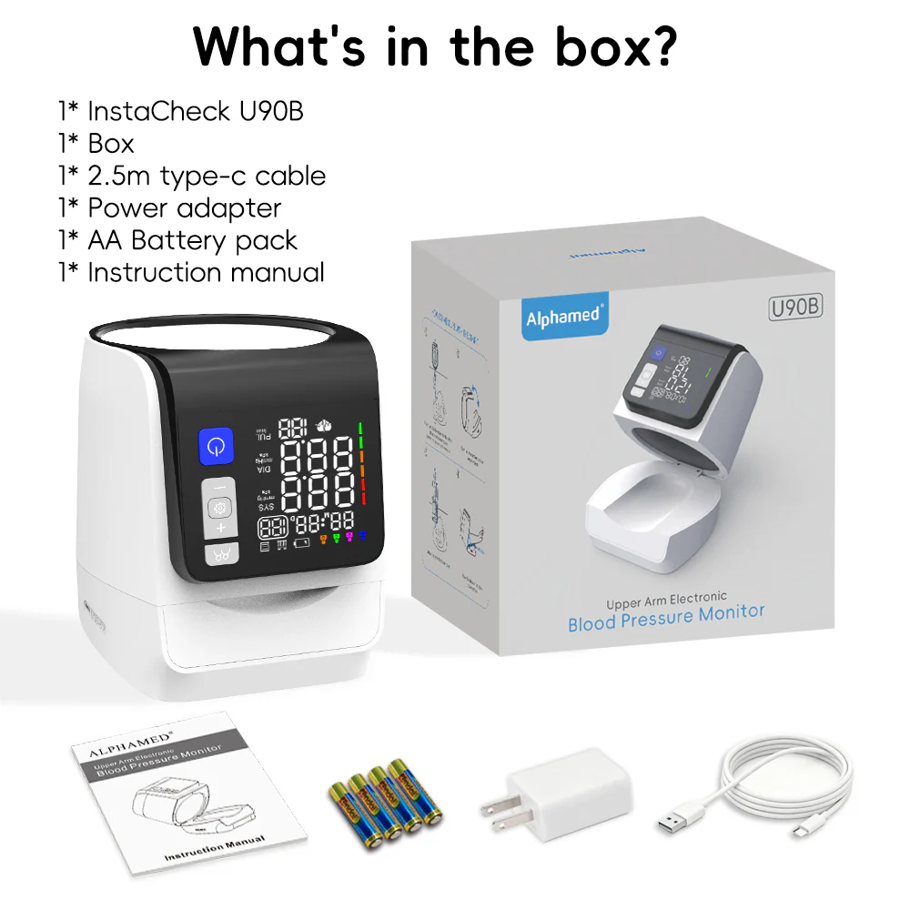 Alphamed Upper Arm Blood Pressure Monitor, Automatic Digital BP Machine, No Arm Wrap Design, Large LED Display, One-Button Use for Home & Seniors