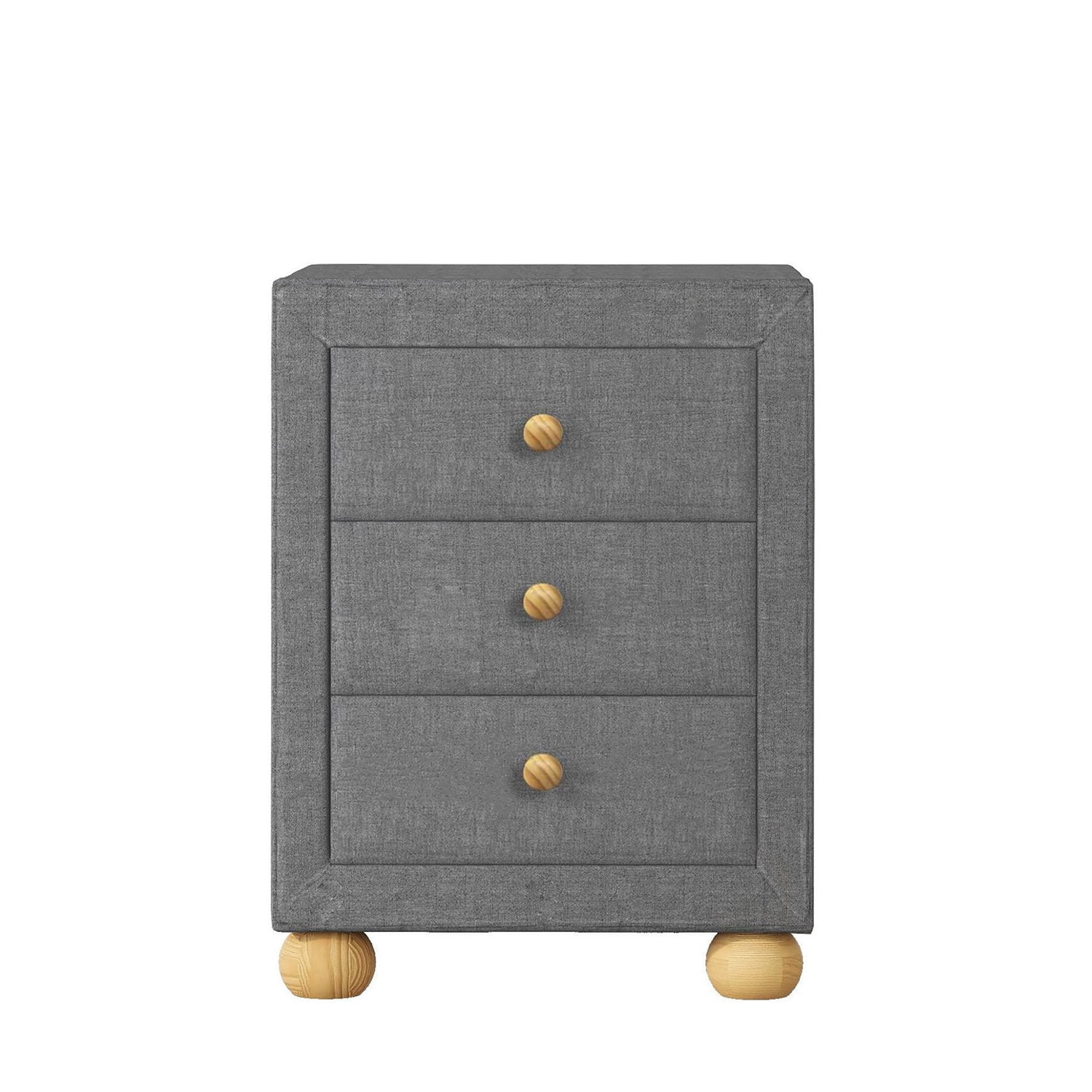 Resenkos Modern 3 Drawers Upholstered Nightstand with Natural Wood Knobs in Dark Gray Resenkos Modern 3 Drawers Upholstered Nightstand with Natural Wood Knobs in Dark Gray